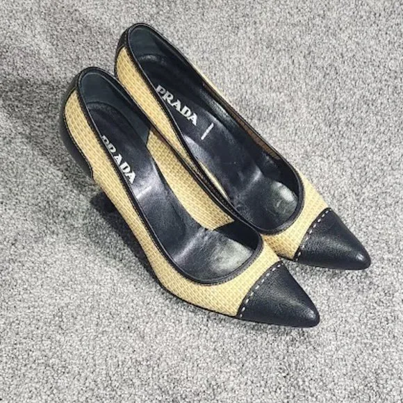 SOLD Prada Black Leather Raffia Cap Toe Pump Heels Sz 39 - Picture 3 of 15